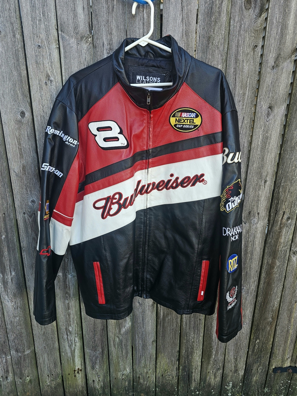 DALE EARNHARDT JR. Wilsons Leather Budweiser Red & Black Racing Leather Jacket